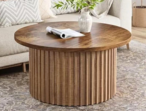 Round brown wood pedestal - round,
